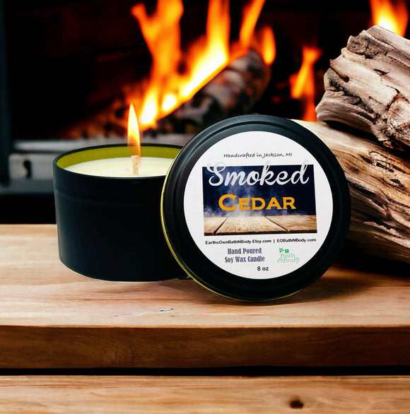 Smoked Cedar Soy Wax Candle | Nostalgic | Gift Box | Forest Woods Candle | Hand Poured | 8 oz Tin