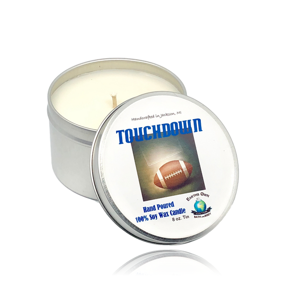 Touchdown Leather Football Man Cave Soy Wax Candle | 8 oz | Hand Poured | Zero Waste & Reusable Tin | Man Cave Design | Hemp or Cotton Wick | FREE Gift Box! - Earth's Own Bath & Body
