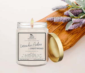 Lavender Amber + Driftwood Luxury Coconut + Soy Wax Candle | 9 oz Glass Jar with Gold Lid | Hand Poured | Zero Waste & Reusable Glass