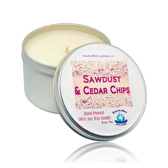 Sawdust & Cedar Chips Man Cave Soy Wax Candle | Hand Poured | Zero Waste | Gift for Him | Boyfriend | Dad | Vegan | Gift Box | 8 oz Tin