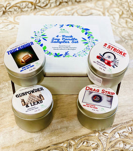 4 Piece Man Cave Soy Candle Gift Box Sampler Set | 2 Stroke | Racing Fuel | Choose Set  | Hand Poured | Reusable Tins